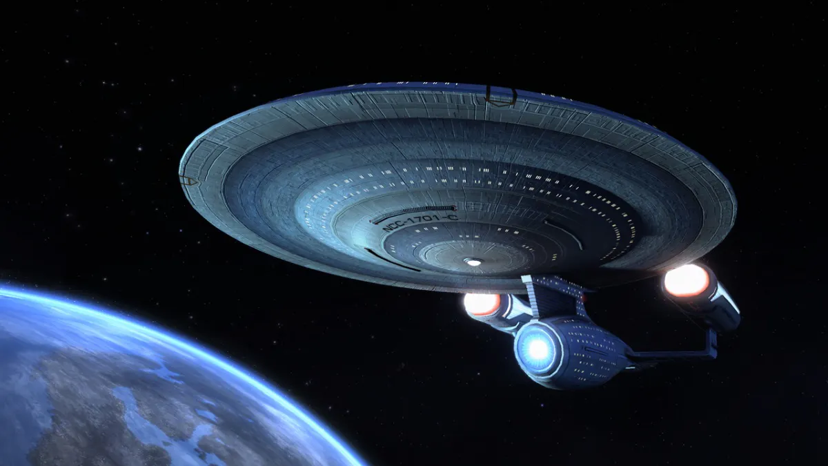 spaceship flying by a planet