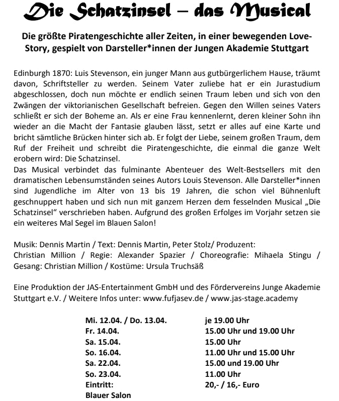 Pressetext des Kulturwerks zum Musical "Die Schatzinsel"