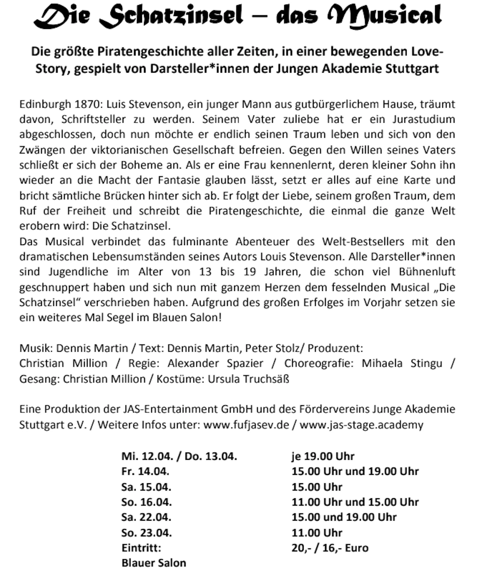Pressetext des Kulturwerks zum Musical "Die Schatzinsel"