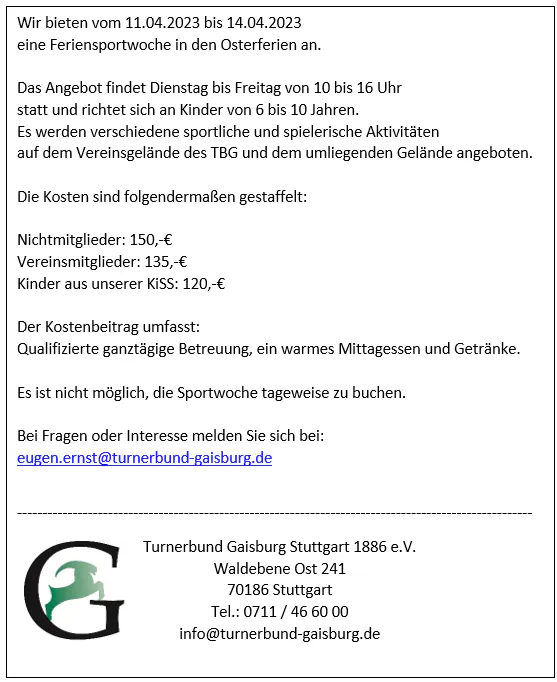 Infos des Turnerbund Gaisburg über seine Feriensportwoche von 11. bis 14. April.