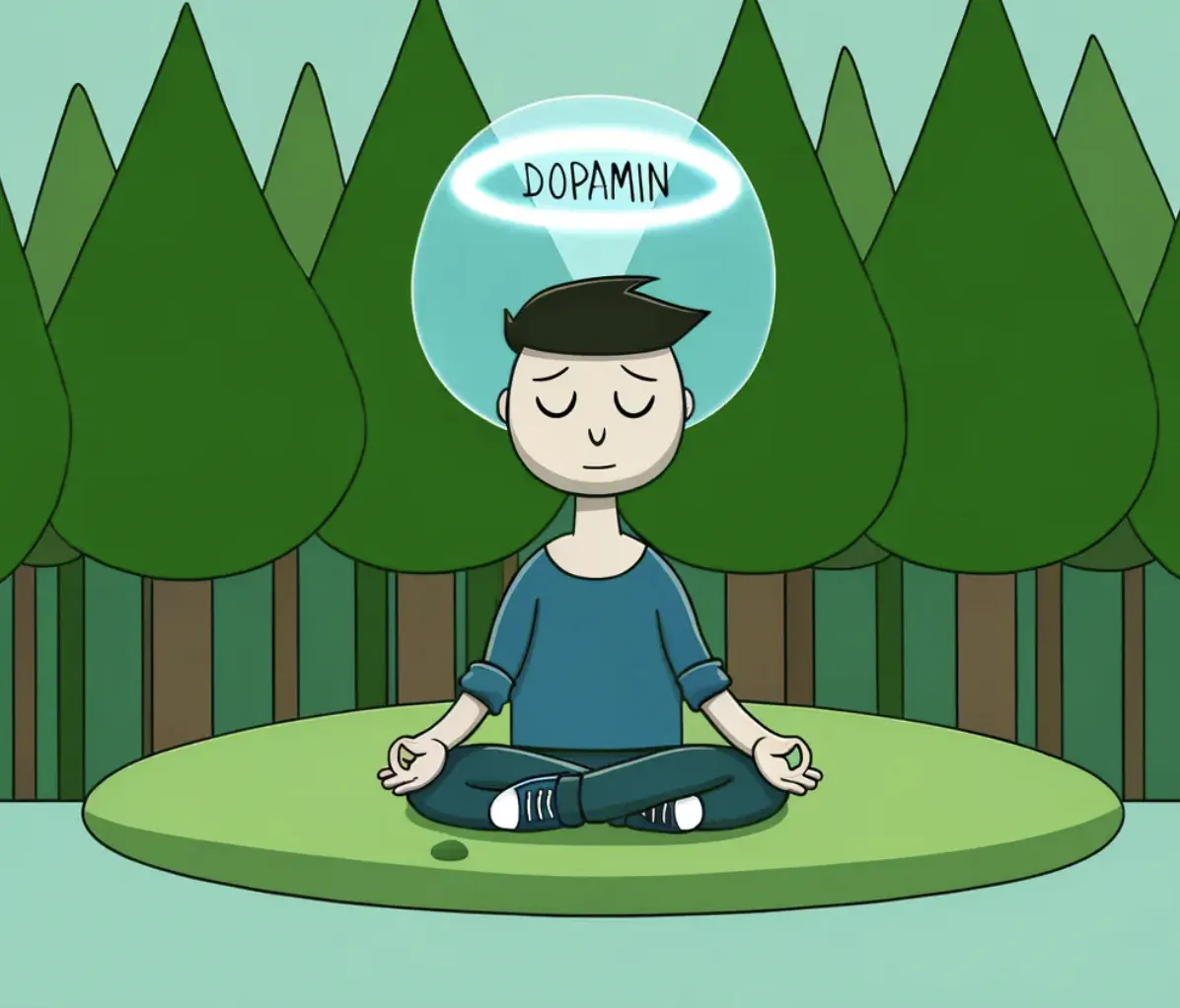 Cartoon : Yoga-Mann im Wald, der Dopamin-Fasten praktiziert