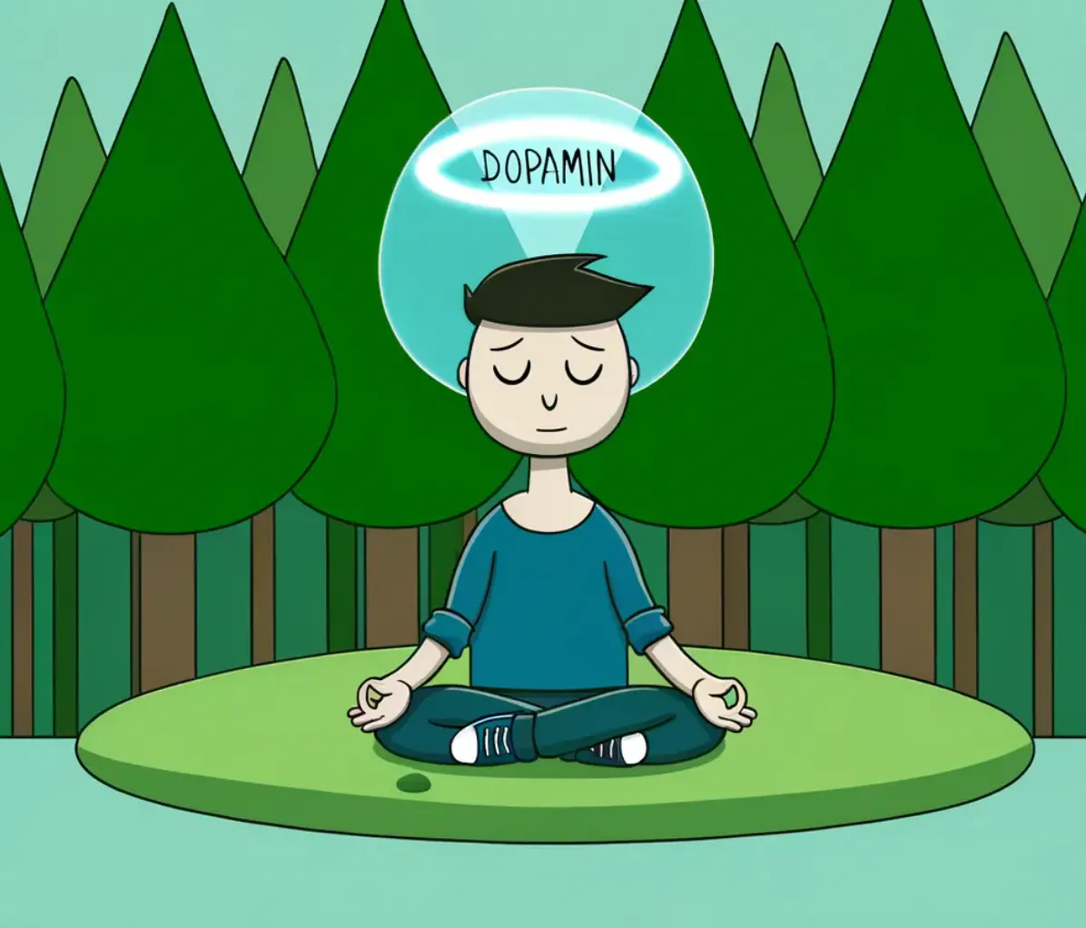 Cartoon : Yoga-Mann im Wald, der Dopamin-Fasten praktiziert