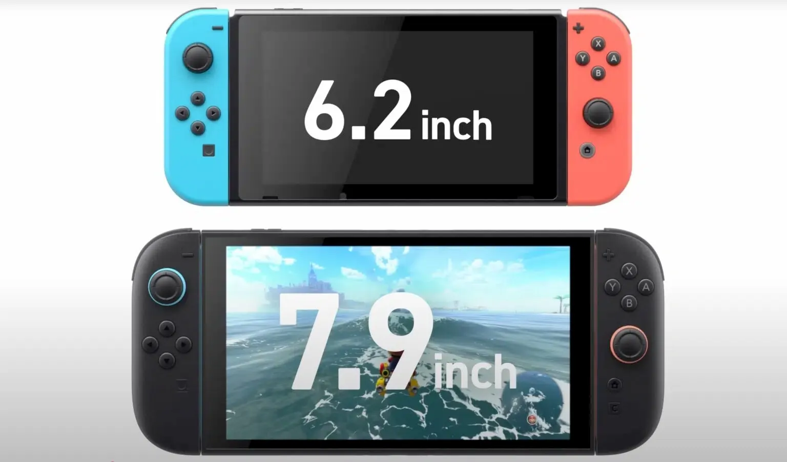 Ein Vergleichsbild zwischen Switch 1 und 2 vergleicht deren Bildschirmgrößen (6.2. Zoll Switch 1 und 7.9 Zoll Switch 2)