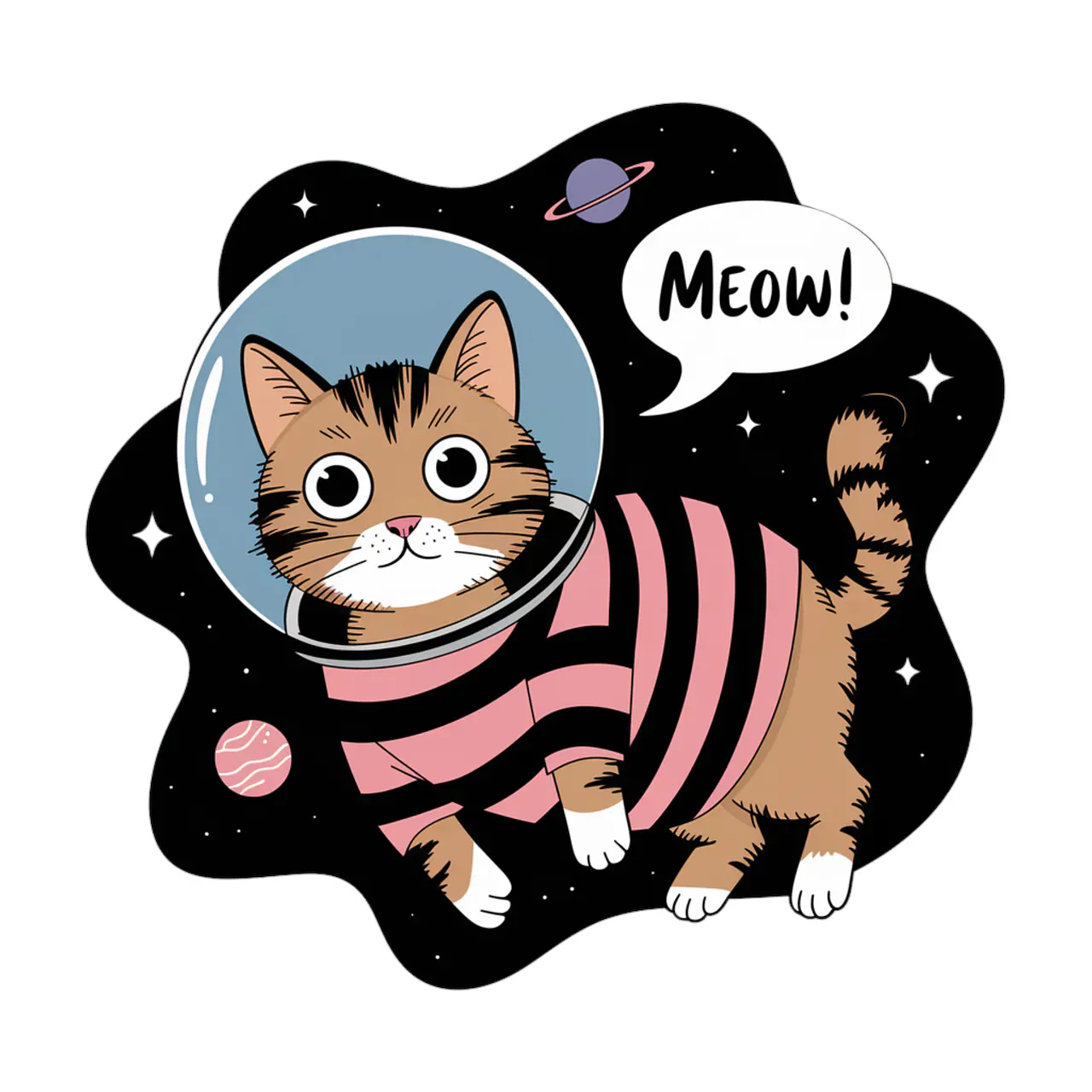 a cartoon cat wearing a helmet and a sweatshirt is floating in space and isays "Meow"