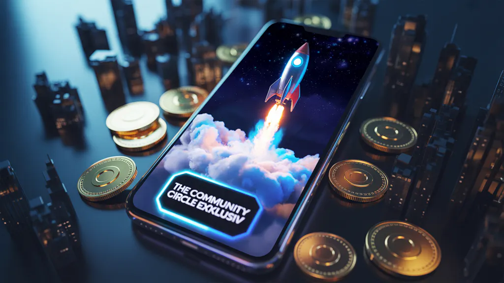 Rakete startet aus Smartphone mit digitalen Münzen. Symbol für Skalierung durch Paid Ads im Affiliate Marketing. The Community Circle Exklusiv.