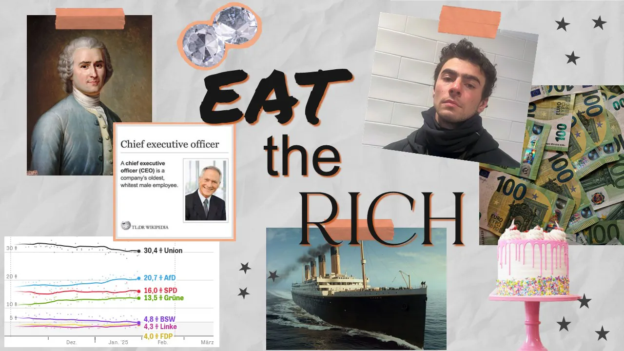 Collage mit Eat the Rich Schriftzug, Titanic, CEO-Meme, Geld, Rousseau