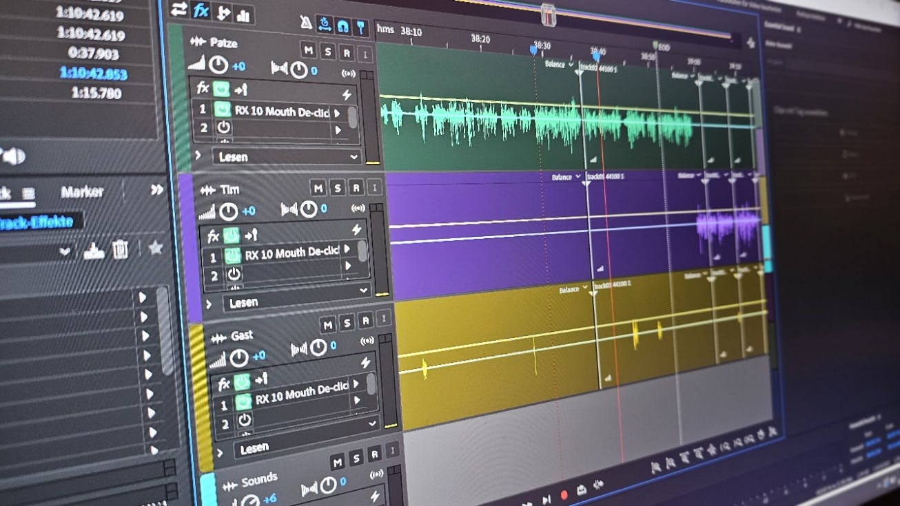Ein Monitor, der eine Audio-Bearbeitungssoftware anzeigt.