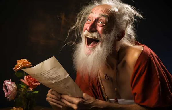 Alter Lustmolch mit weißem Bart hält ein Textblatt in der Hand und lacht dreckig