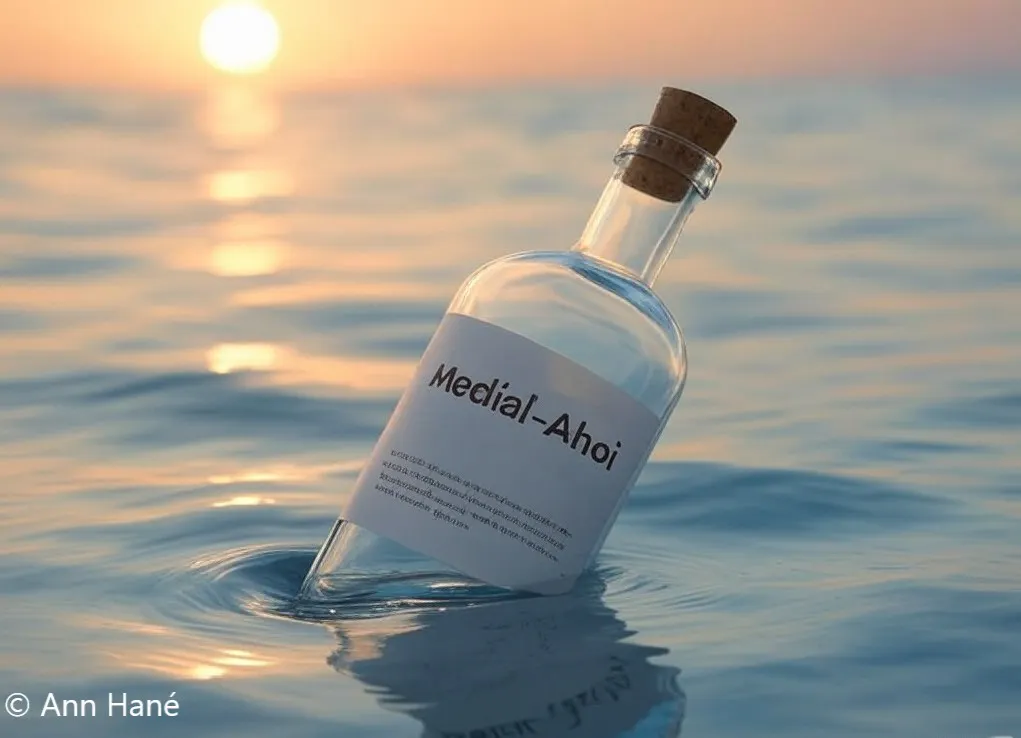 Auf dem Bild sieht man die Sonne,wie sie unter geht. Eine Flaschenpost,die im Meer schwimmt. Und die Aufschrift Medial-Ahoi.