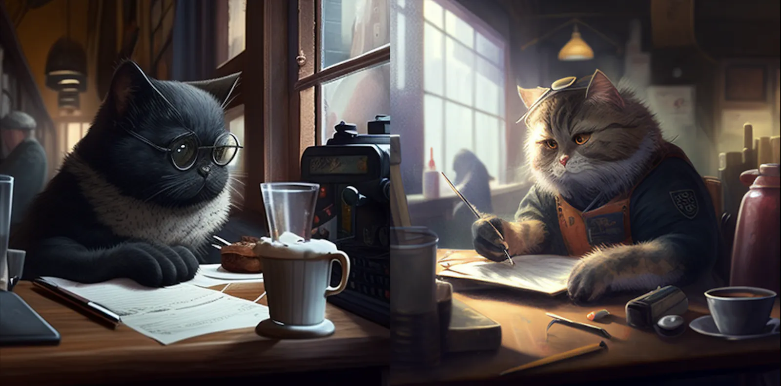 Zwei Katzen sitzen im Café und schreiben etwas auf Papier.