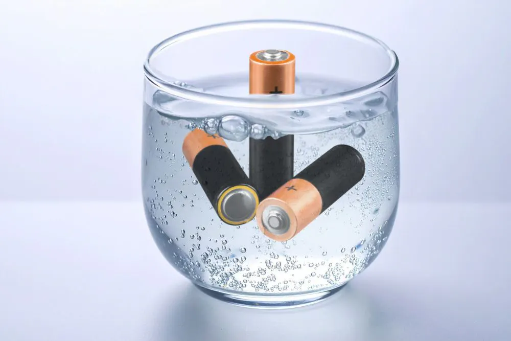 Trois piles AA dans un verre d'eau gazeuse.
