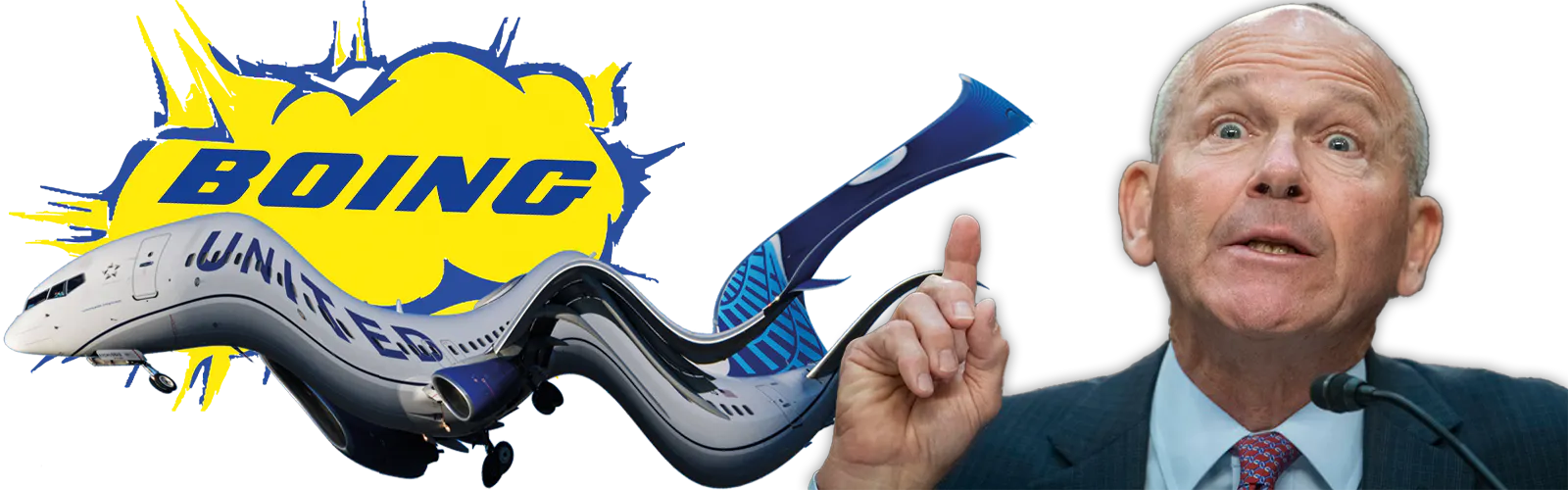 Ein verzerrtes Flugzeug und Boeing-Chef David Calhoun mit erhobenem rechten Zeigefinger. Über dem Flugzeug steht "Boing".