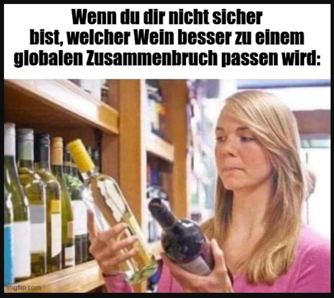 Frau vor Weinregal: »Wenn du dir nicht sicher bist, welcher Wein besser zu einem globalen Zusammenbruch passen wird«