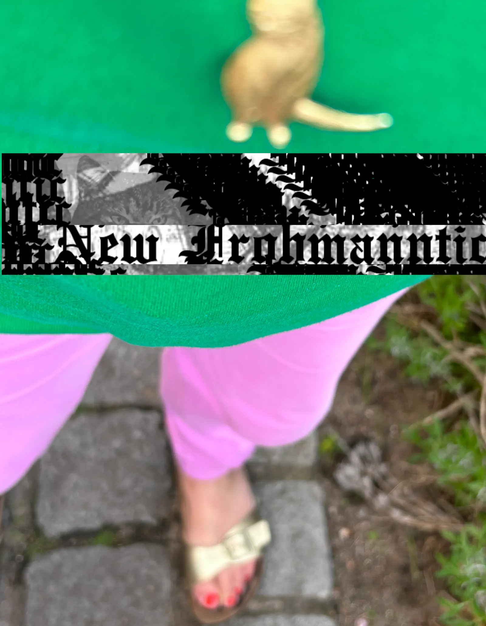 Cover mit New-Frohmanntic-Schriftzug auf unscharfem Foto, das eine Person in grasgrünem Sweatshirt, rosa Jogginghose und goldenen Schlappen zeigt. Die Zehennägel sind orangerot lackiert. Schemenhaft ist im oberen Bereich auf dem Shirt ein Goldanhänger in Katzenform zu erkennen.
