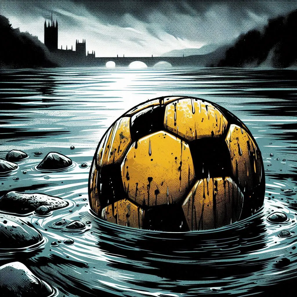 Alter, schwarz-gelber Fußball in einem Fluss