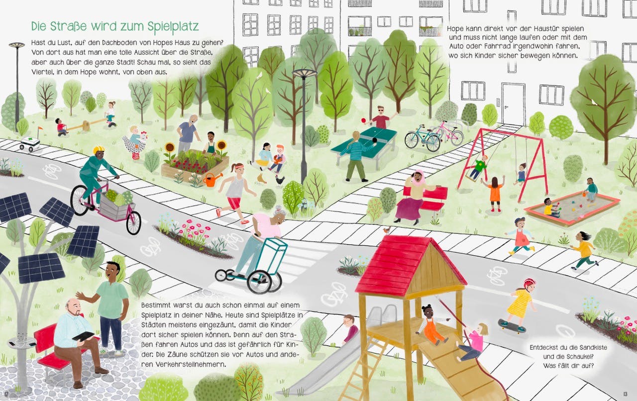 Eine wunderschöne urbane Welt, in der kein Auto fährt, dafür viele Menschen Fahrrad, Spielplätze ohne Zäune, Menschen, die sich unterhalten, Solarpaneele und viel grün.