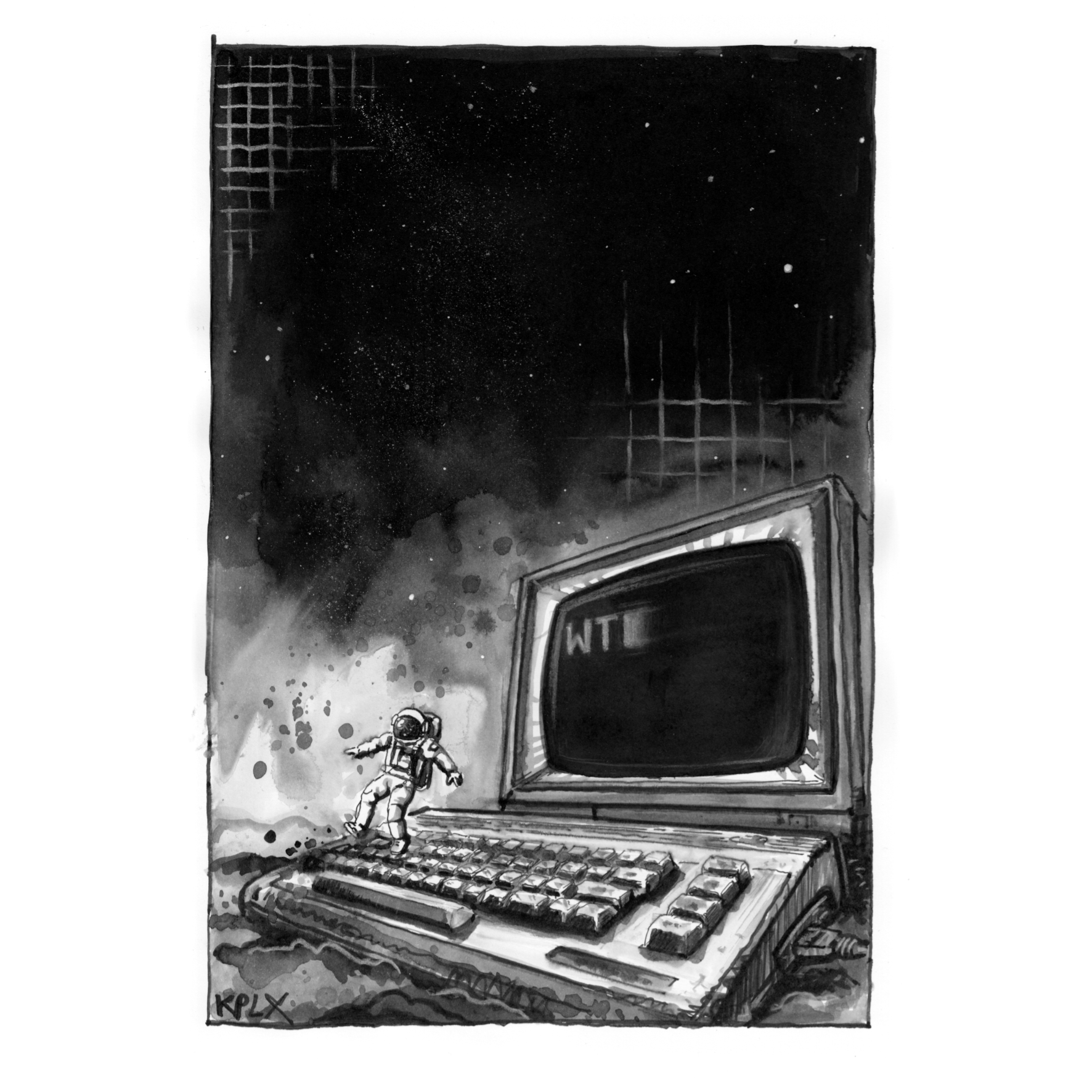 Deutsch:
Schwarz-weiße A4-Tuschezeichnung eines winzigen Astronauten, der auf der Tastatur eines riesigen alten Computers schwebt und auf den Buchstaben F zutreibt. Auf dem Monitor stehen bereits die Buchstaben ‚WT‘, sodass das Wort ‚WTF‘ entsteht. Über dem Computer breitet sich ein tiefer, sternenähnlicher schwarzer Raum aus, der der Szene eine surreale, kosmische Stimmung verleiht.

English:
Black-and-white A4 ink drawing of a tiny astronaut floating above the keyboard of a giant vintage computer, drifting toward the letter F. The monitor already displays the letters ‘WT,’ completing the word ‘WTF.’ Above the computer stretches a deep, star-like black space, giving the scene a surreal cosmic atmosphere.