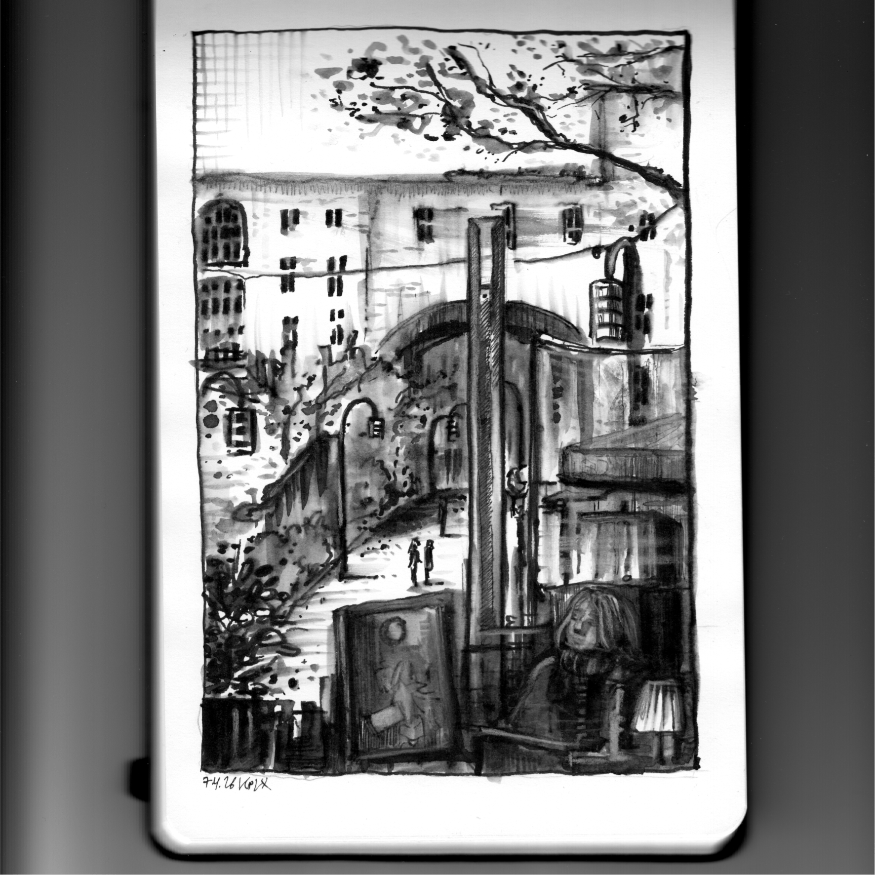 Urban Sketch, Sketchbook, Sketchbook drawing with a city view of Heerlen, NL, Café.