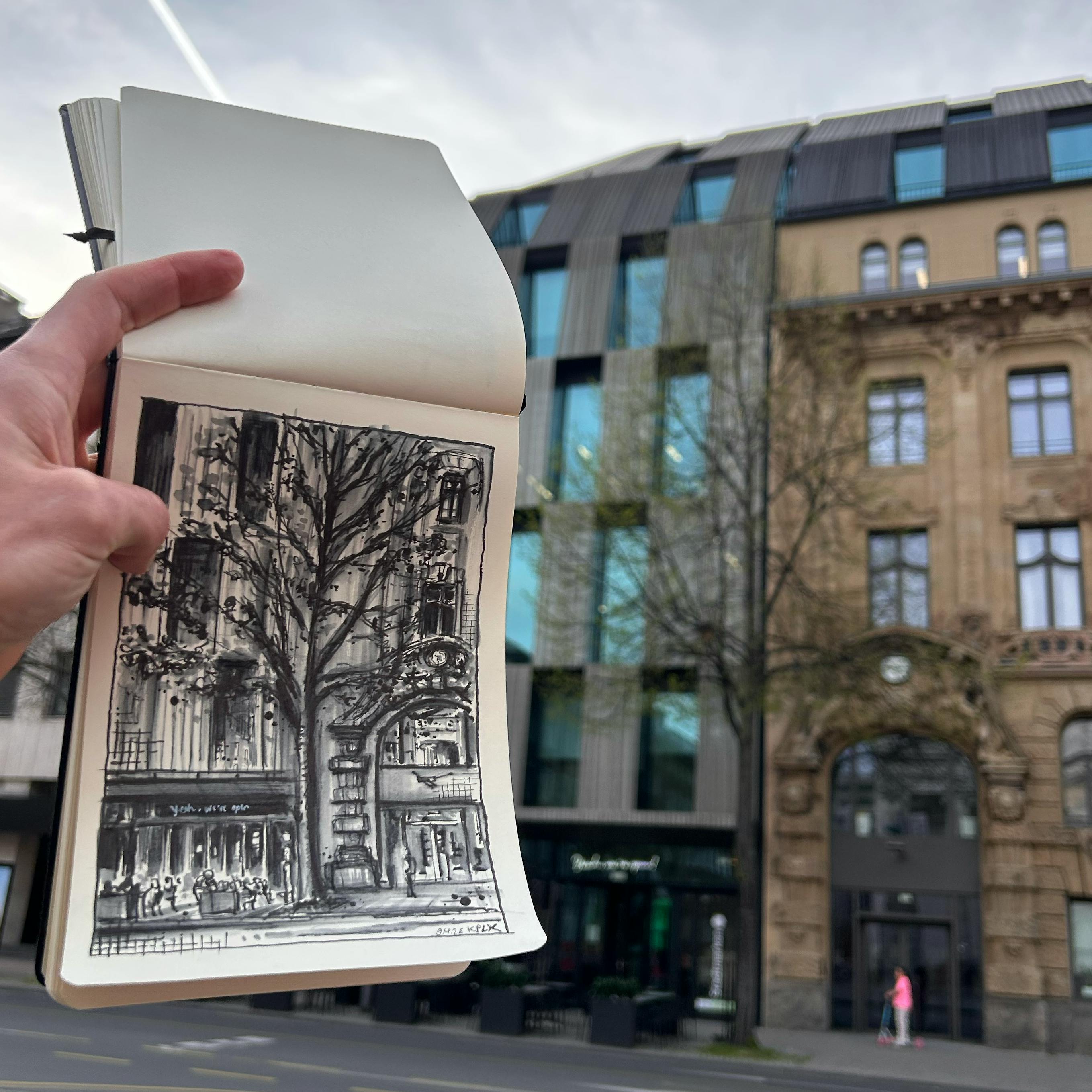 Urban Sketch, Ink Drawing in my Sketchbook, Aachen Theaterplatz