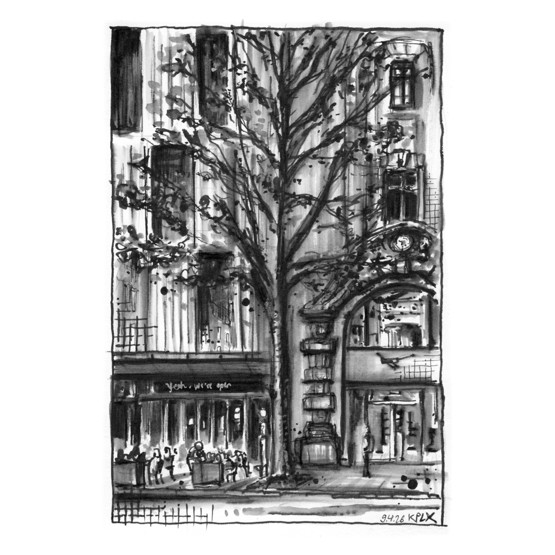 Urban Sketch, Ink Drawing in my Sketchbook, Aachen Theaterplatz