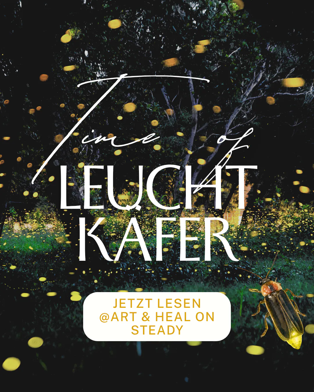 Titelbild Collage mit Leuchtkäfern im Halbdunkeln