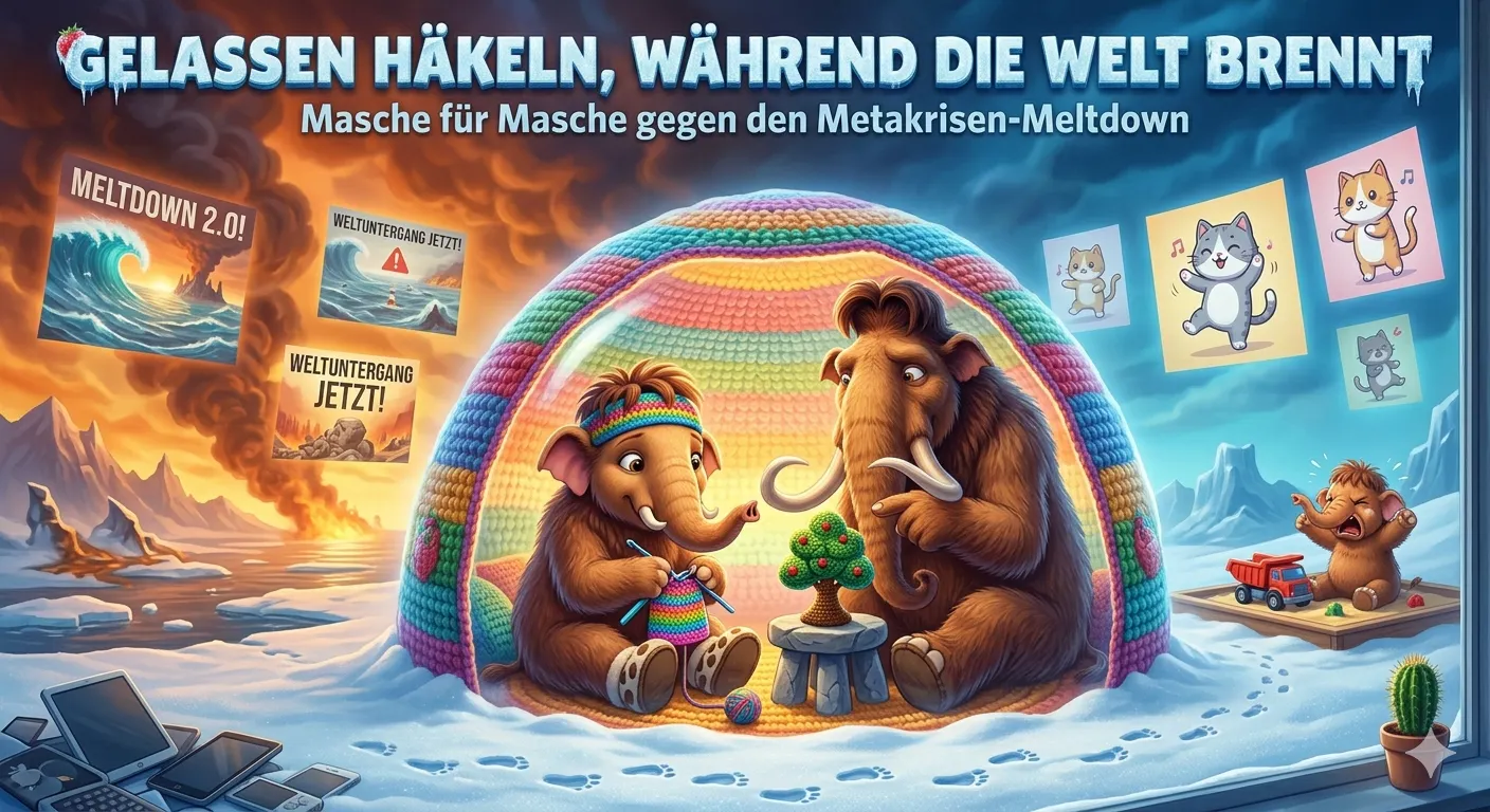 Wir lachen über die "Metamoderne Zwickmühle", lernen, Hass in Gold zu verwandeln, und ertappen uns dabei, wie wir mitleidig schauen, als ein kleiner, wütender Mammut-Politiker-Analog draußen einen Tobsuchtsanfall im Sandkasten bekommt, weil er den roten Bagger nicht kriegt.