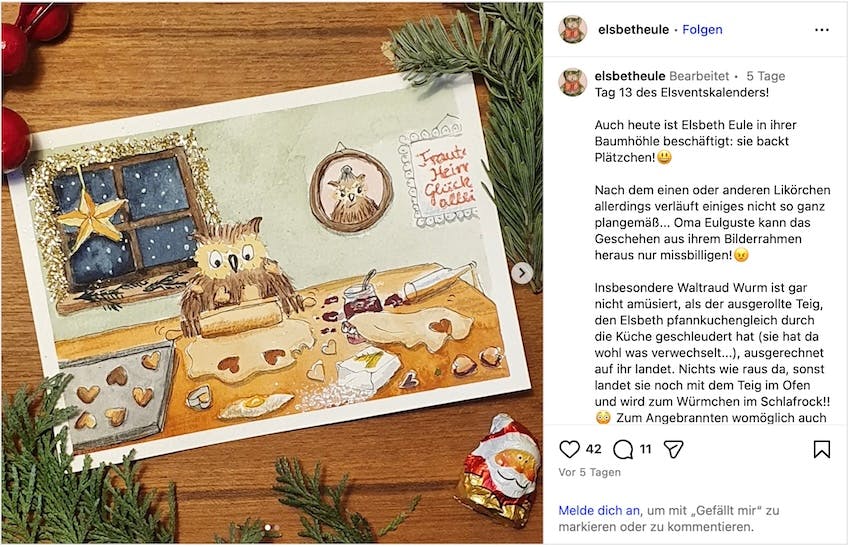 Screenshot eines Beitrags von @elsbetheule auf Instagram, der Elsbeth Eule und Waltraud Wurm beim Plätzchenbacken zeigt, inklusive Begleittext