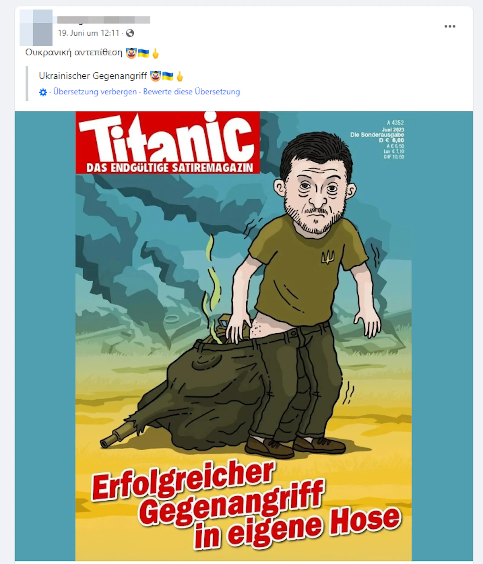 Screenshot Facebook: Gefälschtes Titanic-Magazin-Cover mit ukrainischem Präsidenten Selenskyj