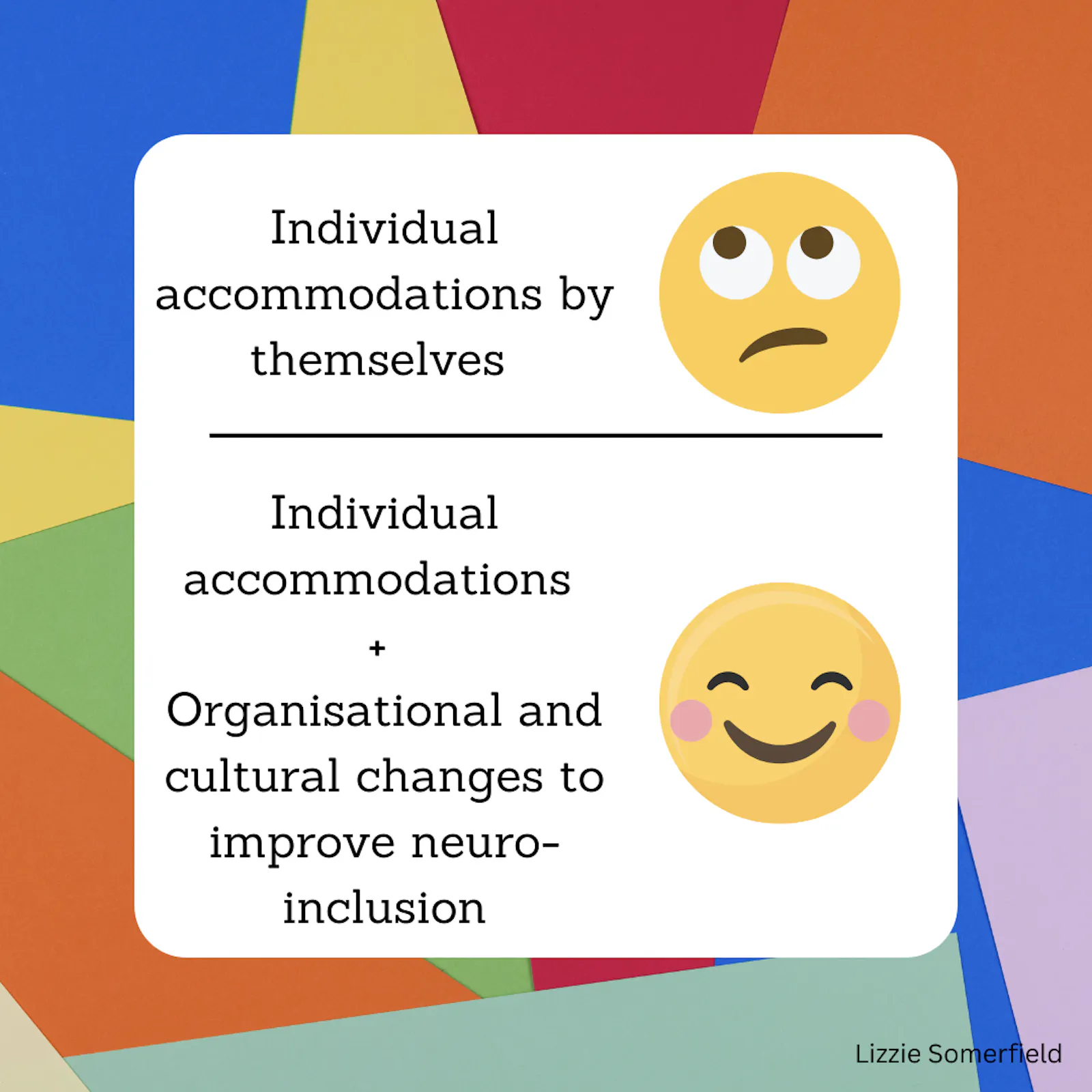 patterned background with a text box that reads: “Individual accommodations by themselves” (followed by a concerned looking emoji face) vs “Individual accommodations + organisational and cultural changes to improve neuro-inclusion (followed by a happy emoji face)