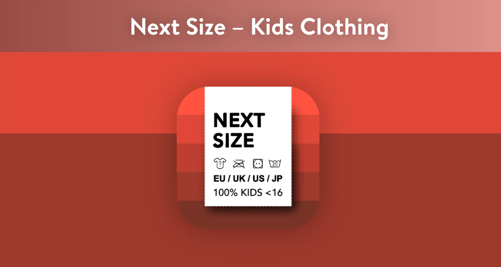 Next Size – Kids Clothing: App Icon showing a washing label on red background.