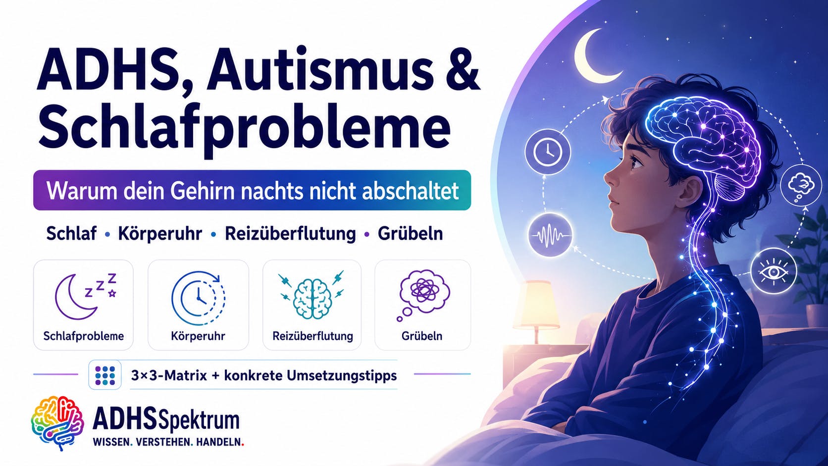 Titelbild zum ADHSSpektrum-Artikel über ADHS, Autismus und Schlafprobleme. Zu sehen ist ein neurodivergentes Gehirn nachts im Bett mit den Themen Schlaf, Körperuhr, Reizüberflutung und Grübeln.