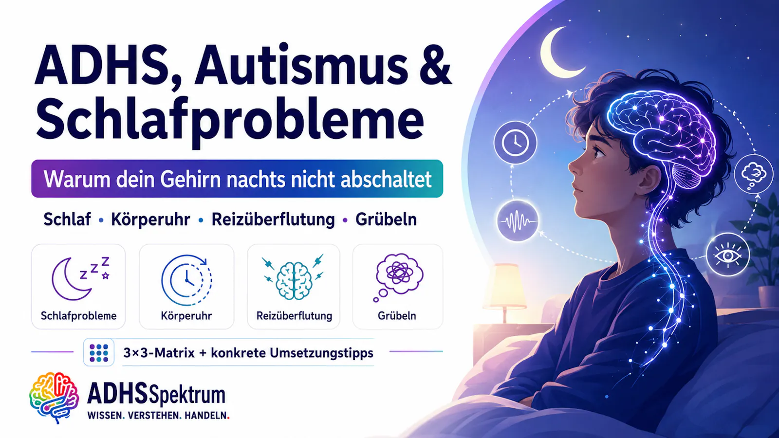 Titelbild zum ADHSSpektrum-Artikel über ADHS, Autismus und Schlafprobleme. Zu sehen ist ein neurodivergentes Gehirn nachts im Bett mit den Themen Schlaf, Körperuhr, Reizüberflutung und Grübeln.