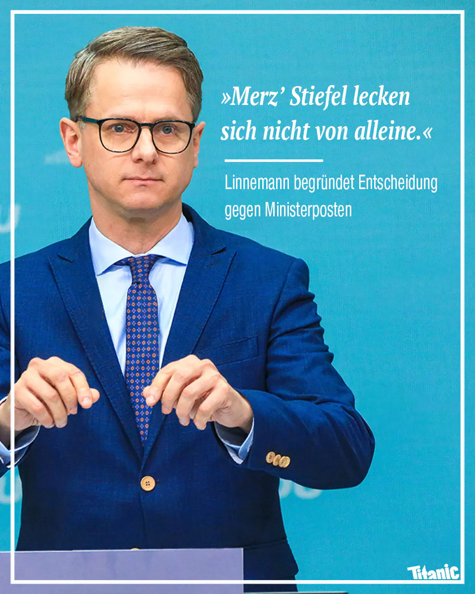 Carsten Linnemann steht an einem Rednerpult und schaut bedröppelt ins Publikum.
"Merz' Stiefel lecken sich nicht von alleine." - Linnemann begründet Entscheidung gegen Ministerposten