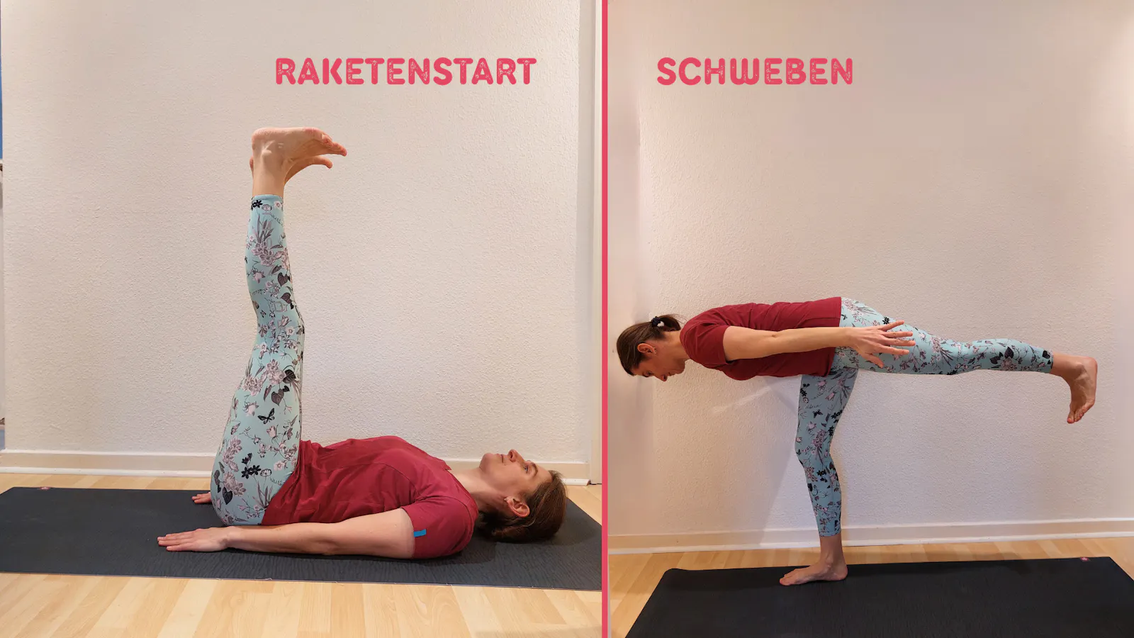 Yogalehrerin Anke in Viparita Karani und Krieger III