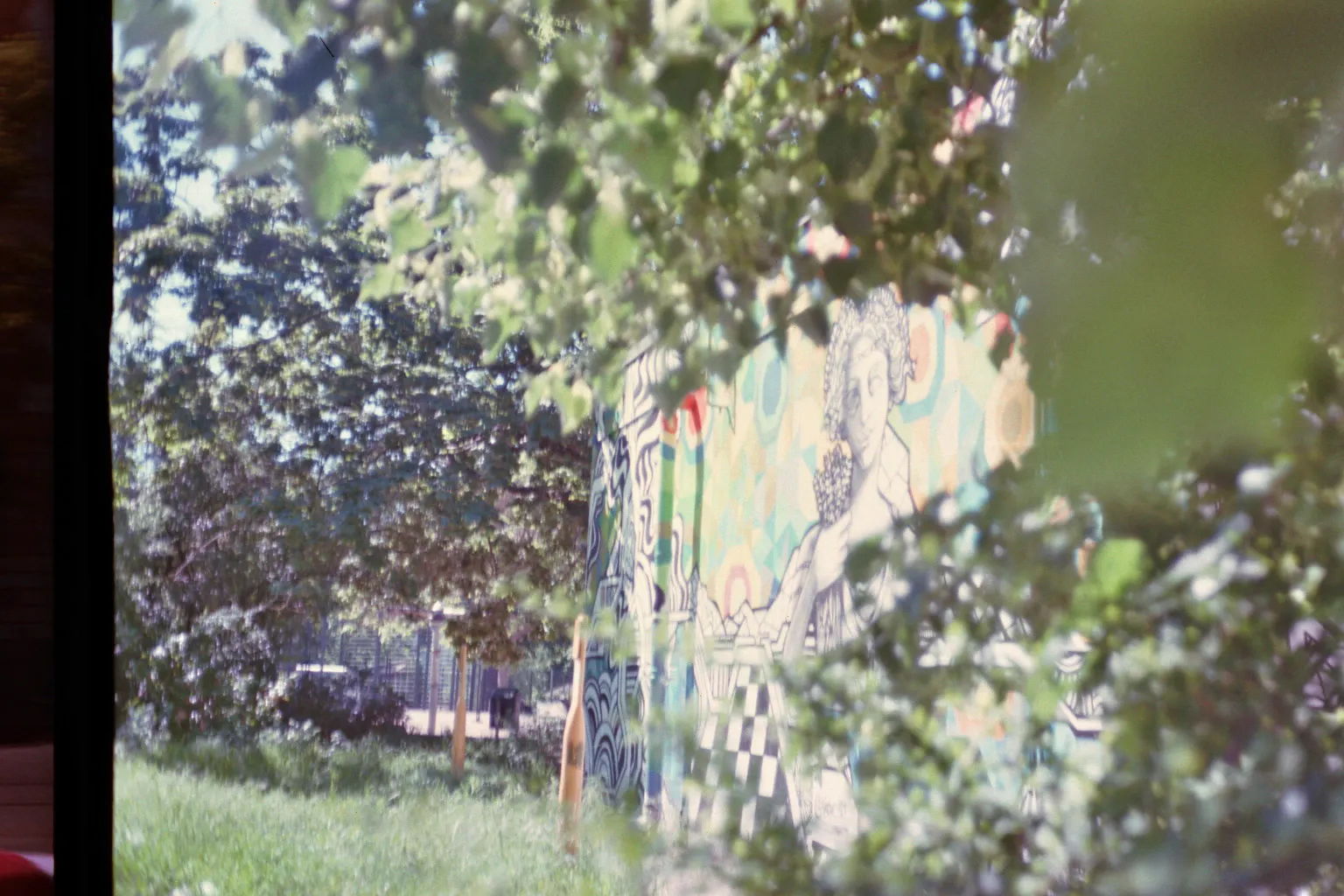 Helle Sonne, Blick auf eine Mauer mit Wandgemälde hinter Blattwerk.