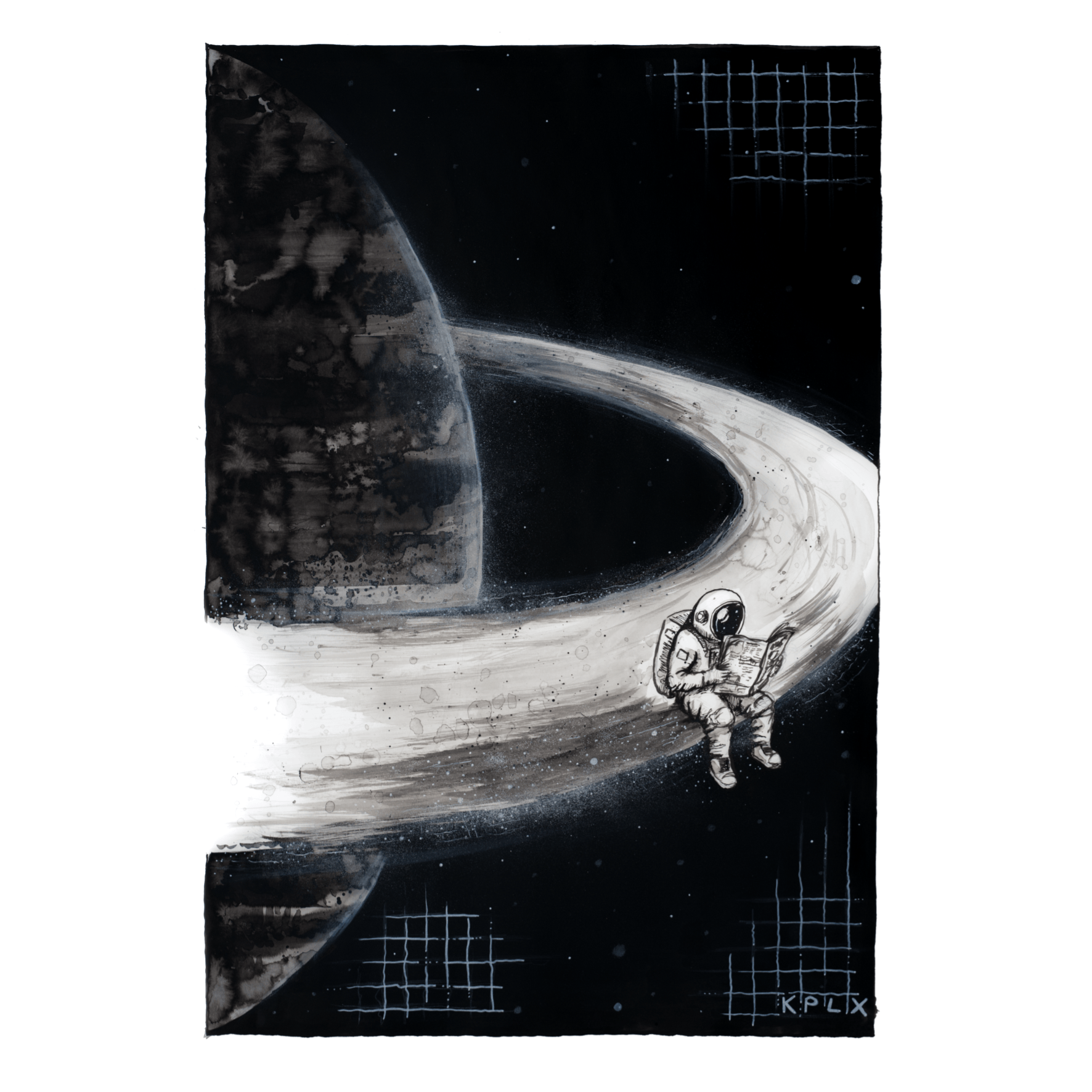 Ink drawing on A1: A small astronaut sits relaxed on one of the brightly glowing rings of a large planet in outer space, reading a newspaper. The background is deep black, speckled with small star-like dots. The planet appears massive and darkly textured, while the ring curves around it in a bright, dynamic sweep.

Tuschezeichnung in A1: Eine kleine Astronautenfigur sitzt entspannt auf einem der hell leuchtenden Ringe eines großen Planeten im Weltall und liest eine Zeitung. Der Hintergrund ist tiefschwarz und mit kleinen sternartigen Punkten gesprenkelt. Der Planet wirkt massiv und dunkel strukturiert, während der Ring sich hell und dynamisch um ihn herumzieht.