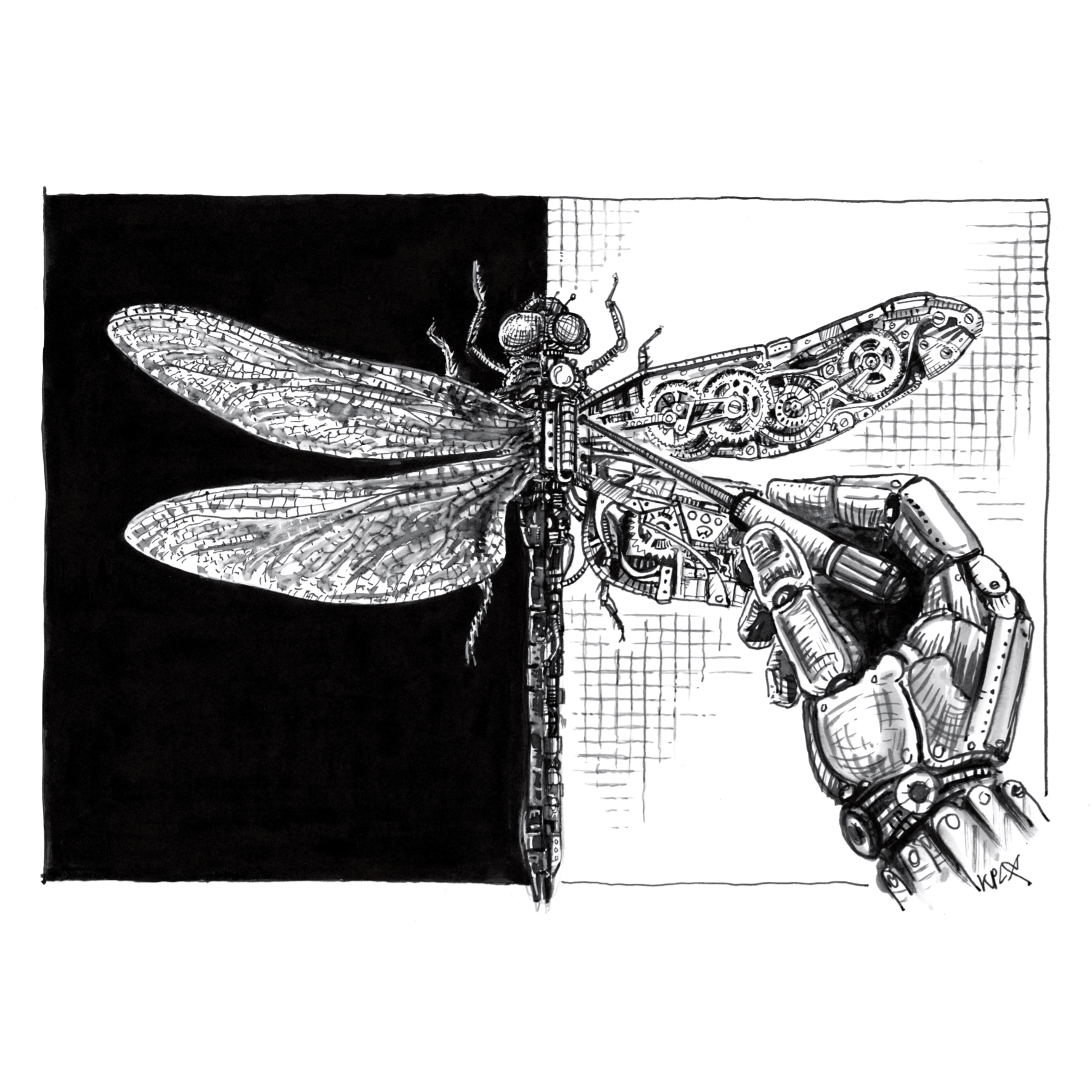 DE: A4 Tuschezeichnung einer Libelle, deren linke Hälfte natürlich und deren rechte Hälfte mechanisch ist, während eine Roboterhand den Flügel mit einem Scharnier befestigt.

EN: A4 Ink drawing of a dragonfly with a natural left half and a mechanical right half, while a robotic hand attaches the wing with a hinge.