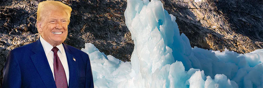 Ein Eisberg vor Grönland. Daneben ein grinsender Donald Trump.