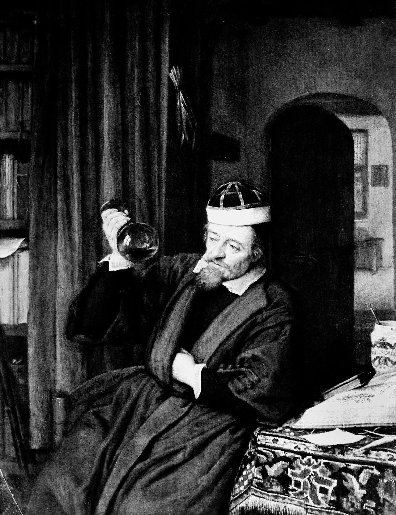 Altes Gemälde mit einem Mann mit Mütze und Morgenmantel, der ein Glasgefäß in der Hand hält.