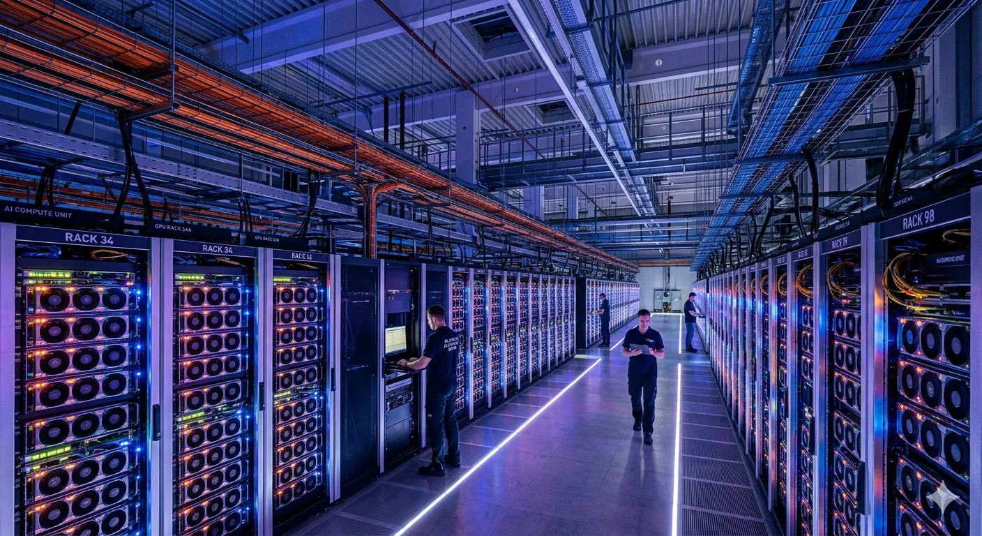 AI data center filled with glowing GPU. Meta-Nebius deal