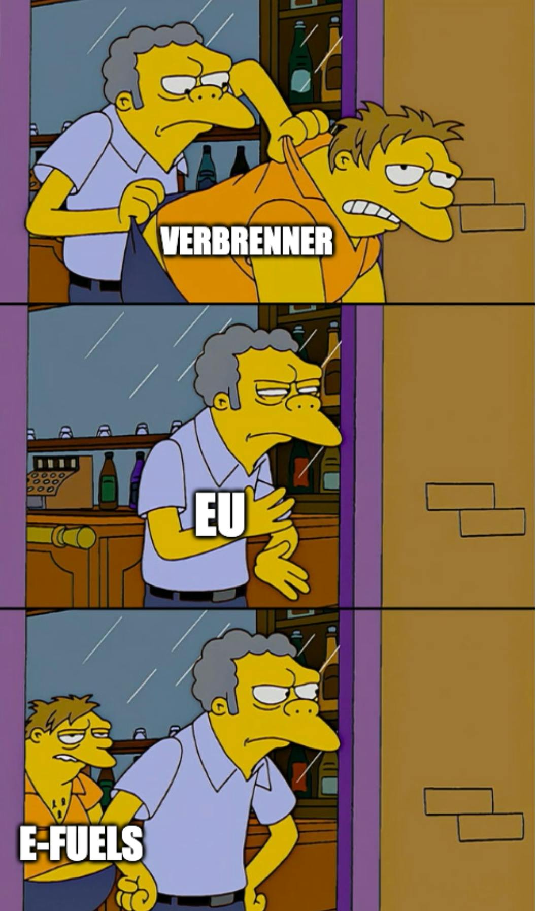 Das Bild zeigt ein Meme basierend auf der TV-Serie Simpsons, in der der Barkeeper Moe den betrunkenen Barney hinauswirft. Moe ist als "EU" gelabelt und Barney als "Verbrenner" und schleicht sich durch die Hintertür wieder als "E-Fuels" hinein.