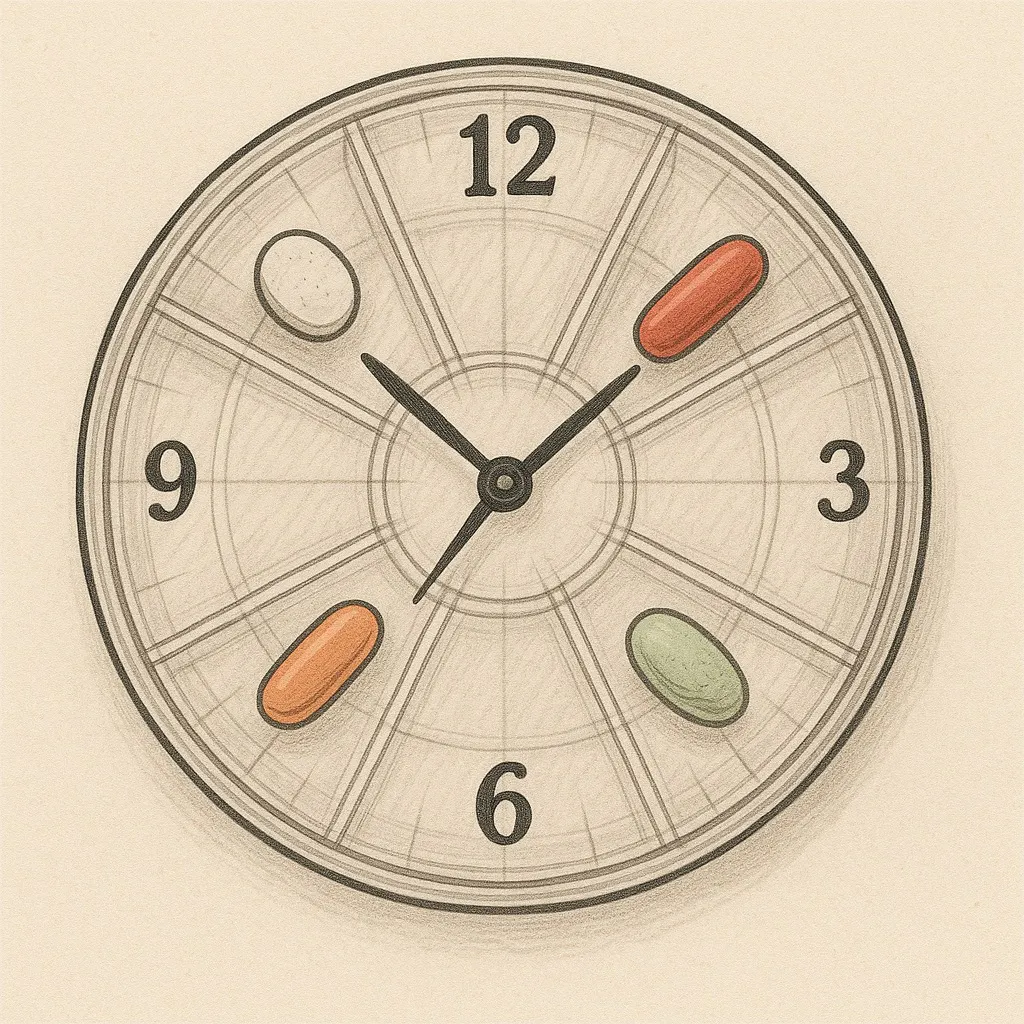 Ein Pillendöschen in Uhrformat, vier farbige Tabletten sind eingelegt.