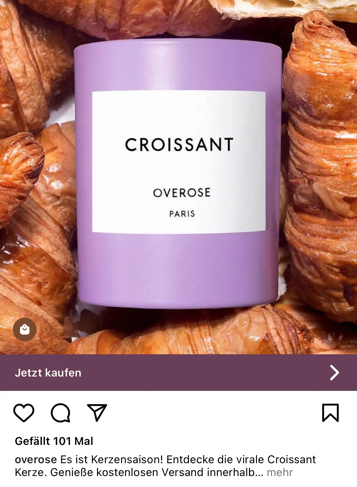 Lila Kerze mit Label, auf dem steht: CROISSANT