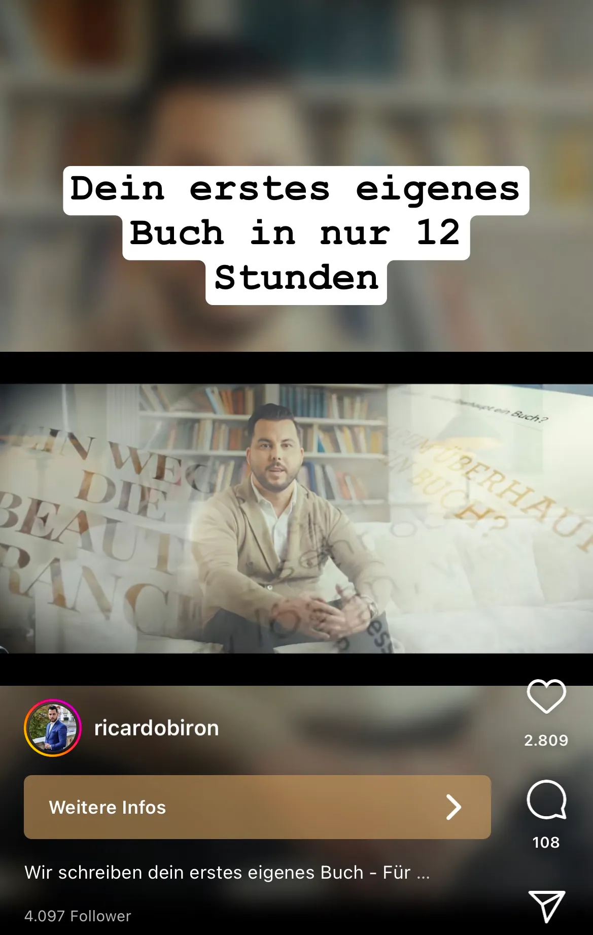 Instawerbung, wonach man in 12 Stunden sein erstes eigenes Buch schreiben kann