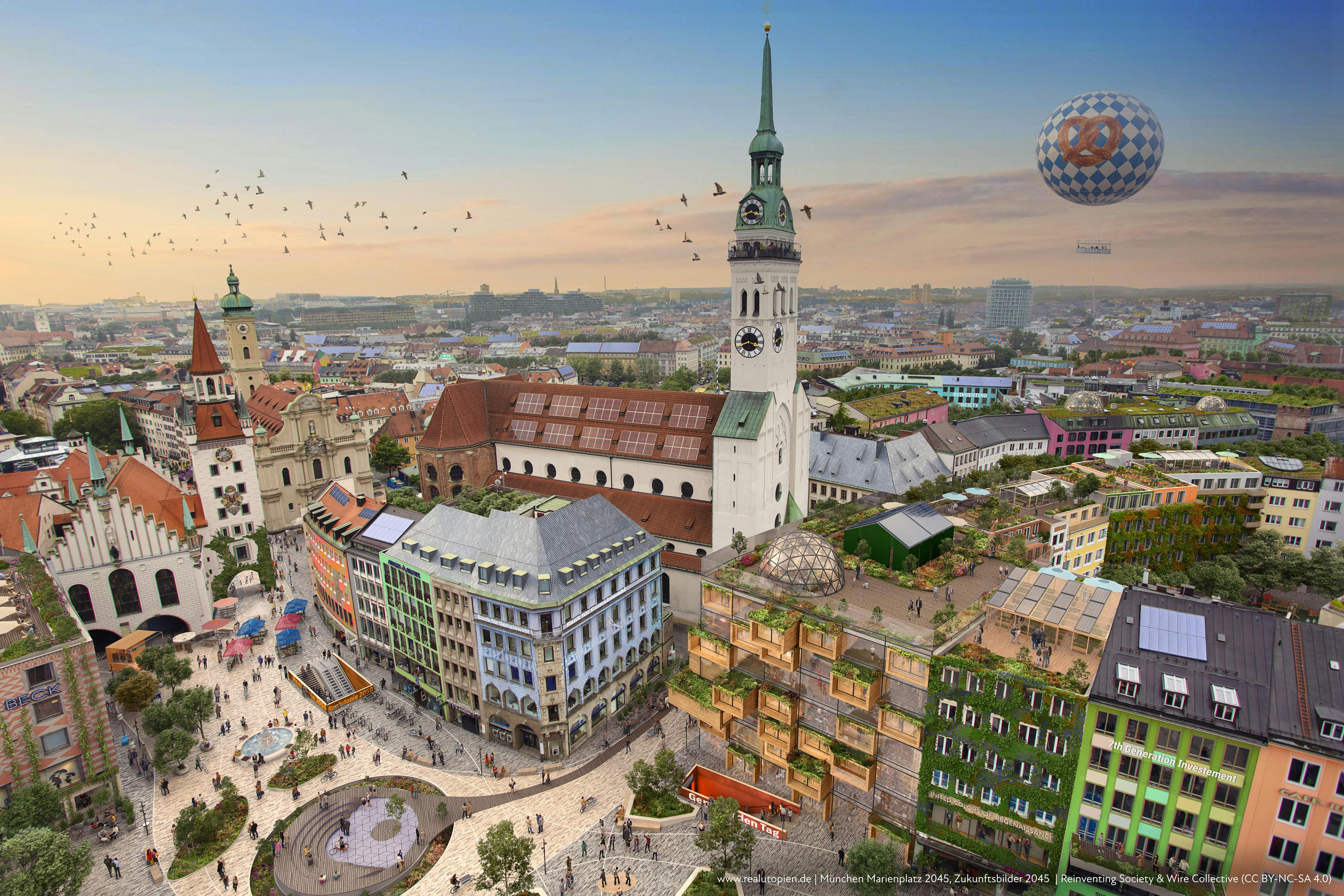 Luftbild einer futuristischen, utopischen Version der Münchner Innenstadt.