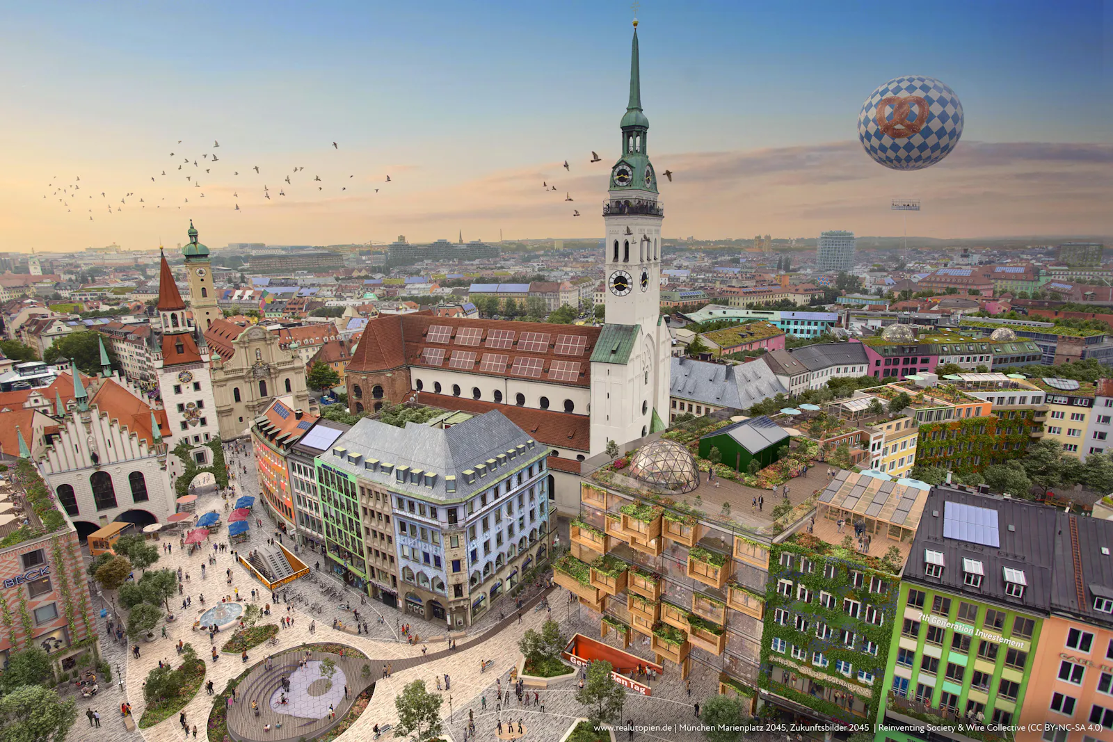 Luftbild einer futuristischen, utopischen Version der Münchner Innenstadt.
