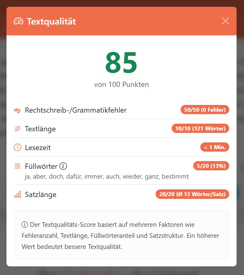 Detaillierte Aufschlüsselung der Bewertung der Textqualität