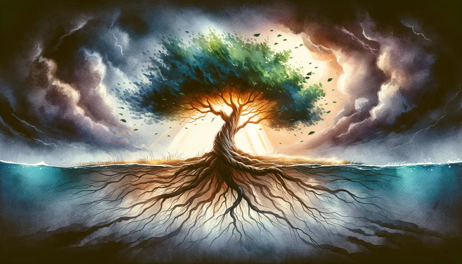 Ein Aquarellbild zeigt einen kräftigen Baum mit tiefen Wurzeln, der Stärke und Durchhaltevermögen symbolisiert. Der Baum steht in einer stürmischen Szenerie, umgeben von kräftigen Winden, die die Äste bewegen, ohne sie zu brechen. Dramatische, dunkle Wolken bedecken den Himmel, aber ein Strahl des Sonnenlichts durchbricht die Dunkelheit und beleuchtet den Baum. Dies verleiht dem Bild trotz der drohenden Unwetter eine hoffnungsvolle Stimmung.