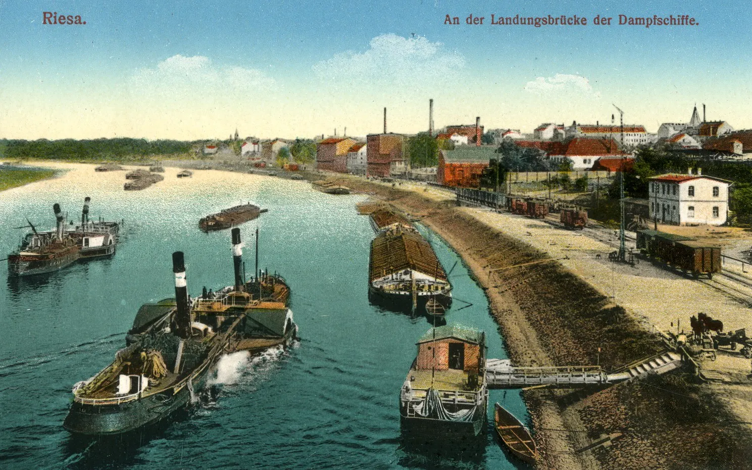Riesa; Landungsbrücke mit Schleppern und Lastkähnen, Postkarte des Brück & Sohn Kunstverlag Meißen von 1910