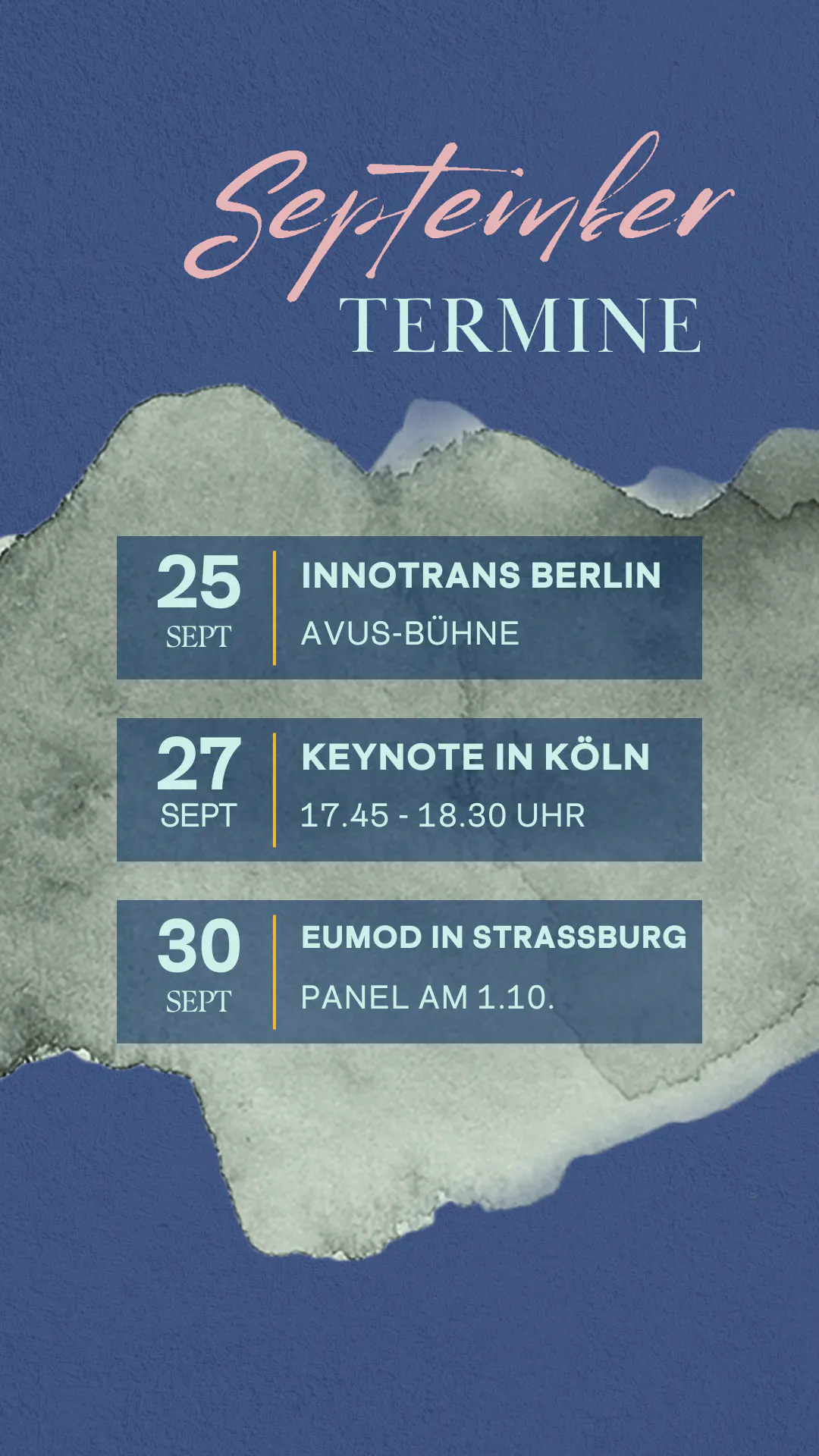 25. September Innotrans Berlin, Panel auf der Avus-Bühne
27. September Keynote in Köln
30. September EuMo Expo Straßburg